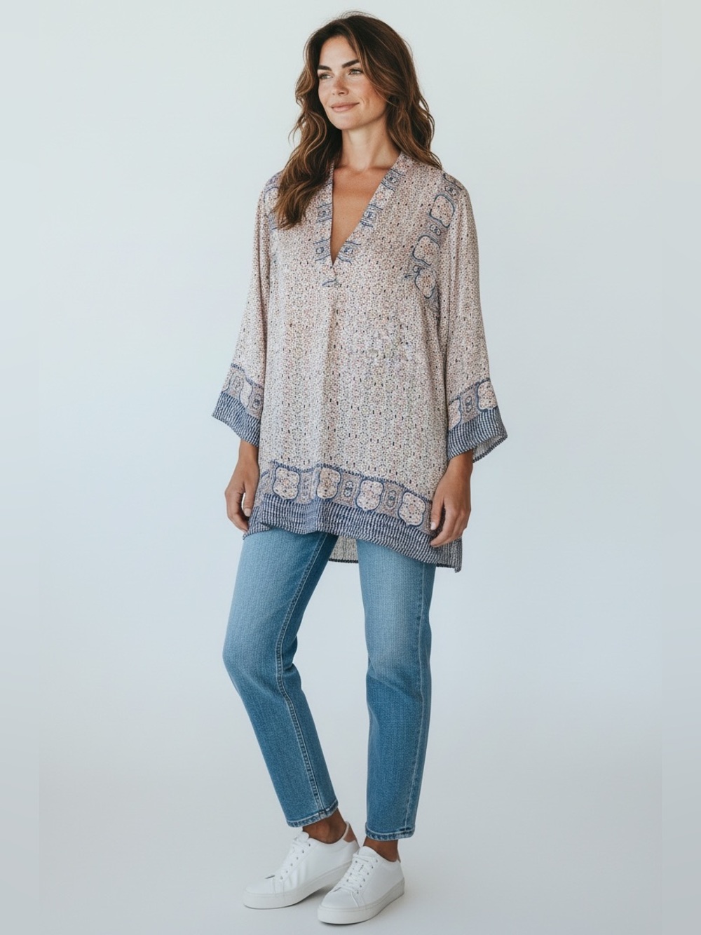 Vince Silk Boho Tile Print Tunic Blouse Size 10